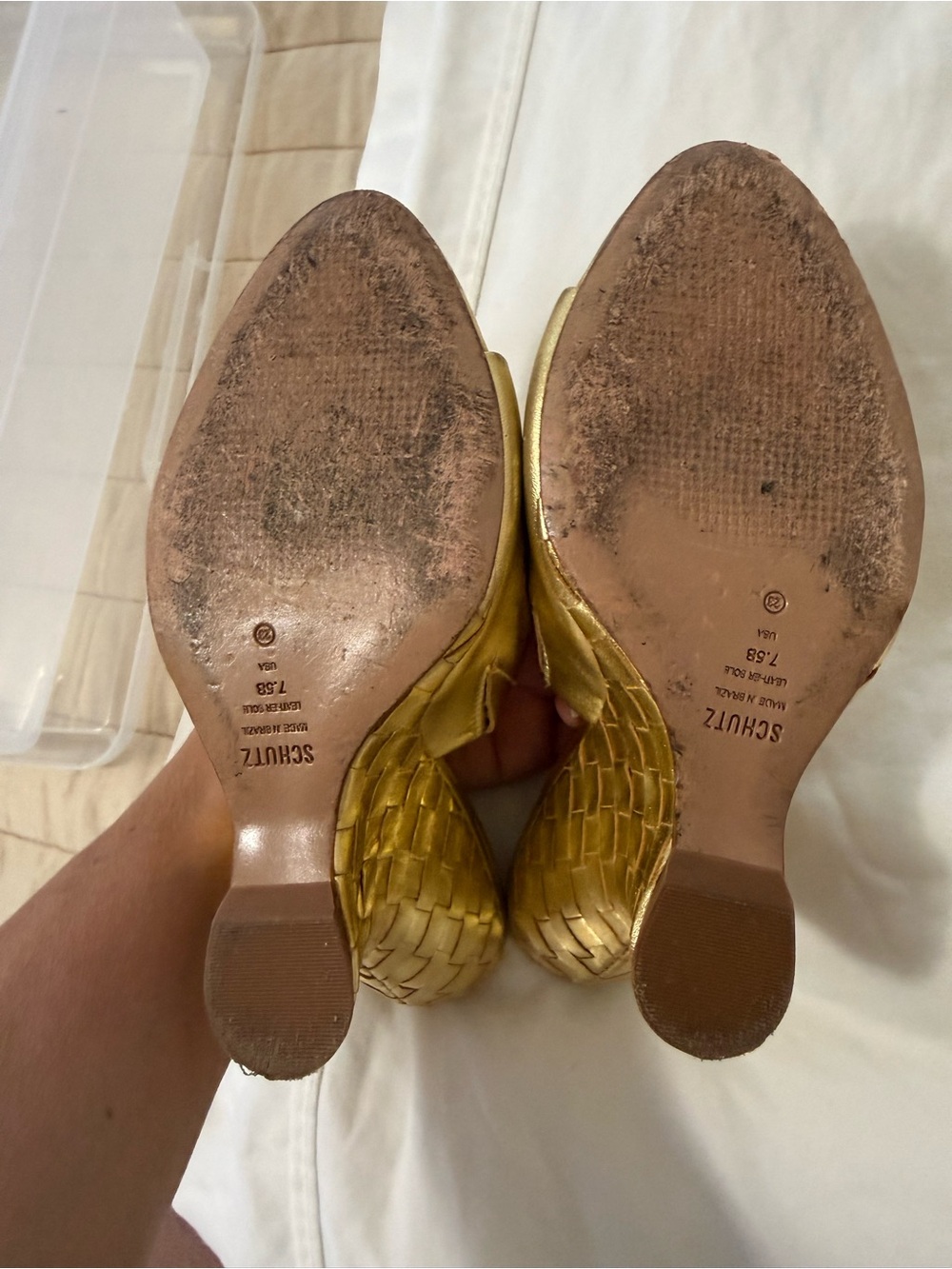 SCHUTZ Metallic Gold Woven Wedge Slide Mules - Picture 6 of 9